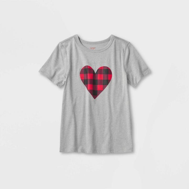 Kids' Adaptive Short Sleeve 'buffalo Check Heart' Graphic T-shirt - Cat & Jack Gray