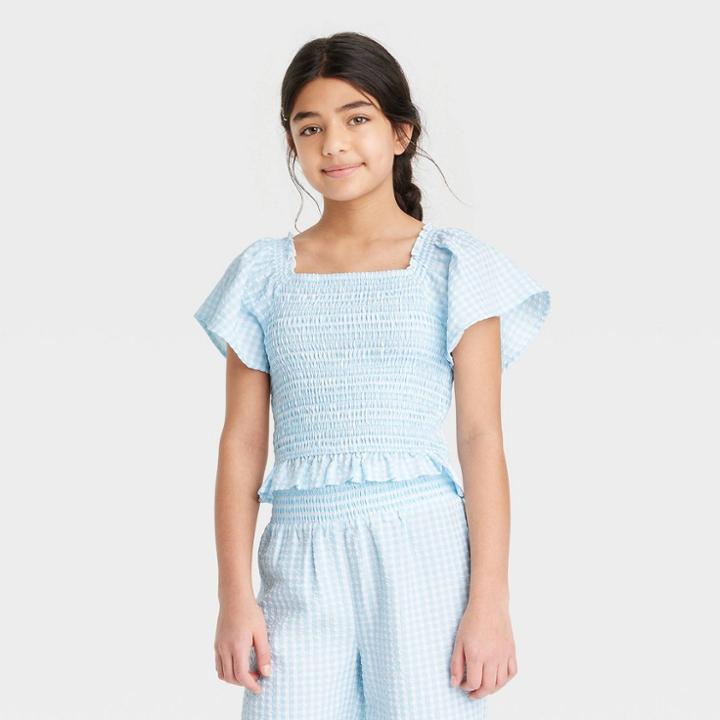 Girls' Flutter Short Sleeve Smocked Peplum Shirt - Art Class Light Blue Gingham