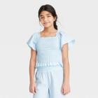 Girls' Flutter Short Sleeve Smocked Peplum Shirt - Art Class Light Blue Gingham