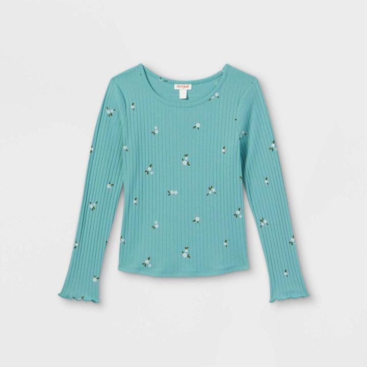 Girls' Rib-knit Printed Long Sleeve Top - Cat & Jack Ocean Green