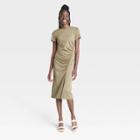 Women's Short Sleeve Side Ruched Knit Dress - A New Day Olive Green