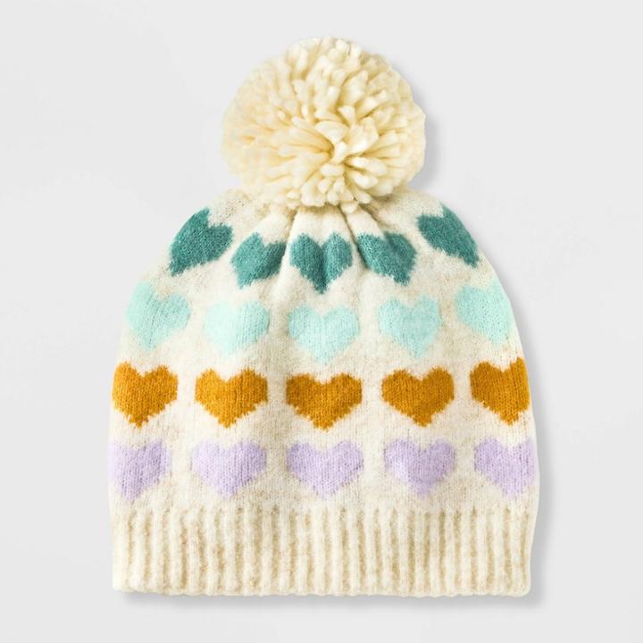 Girls' Knitted Pom Beanie - Cat & Jack Cream, Ivory