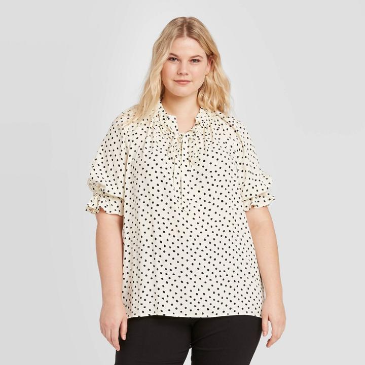 Women's Plus Size Polka Dot Elbow Sleeve Popover Blouse - Who What Wear White 1x, Women's, Size: