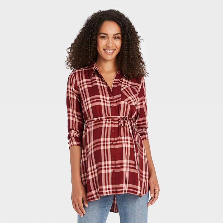 Long Sleeve Button-down Maternity Shirt - Isabel Maternity By Ingrid & Isabel Red Plaid