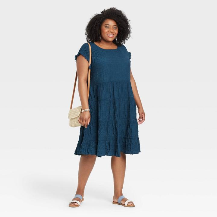 Women's Plus Size Short Sleeve Babydoll Tiered Dress - Knox Rose Navy