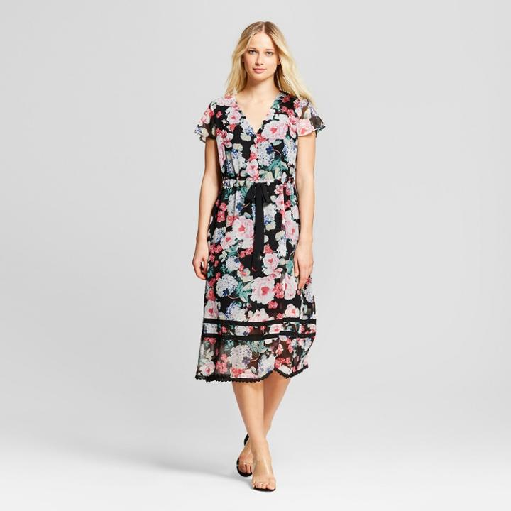 Women's Floral Print Short Sleeve Lace Trim Midi Dress - Who What Wear Black/pink