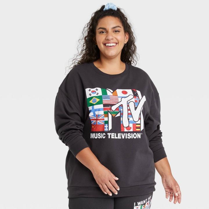Women's Mtv Plus Size Flags Graphic Sweatshirt - Black