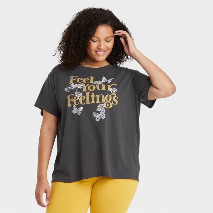 Fifth Sun Women's Plus Size Feel Your Feelings Short Sleeve Graphic T-shirt - Black