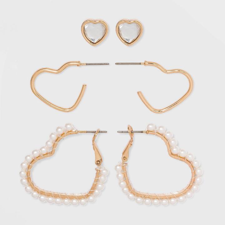 Girls' 3pk Pearl Hearts Earrings - Art Class Gold