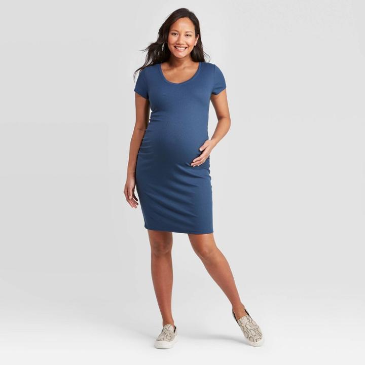 Short Sleeve Rib T-shirt Maternity Dress - Isabel Maternity By Ingrid & Isabel Blue