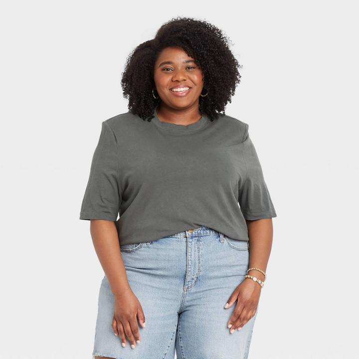 Women's Plus Size Short Sleeve Round Neck Padded Shoulder T-shirt - Universal Thread Dark Gray