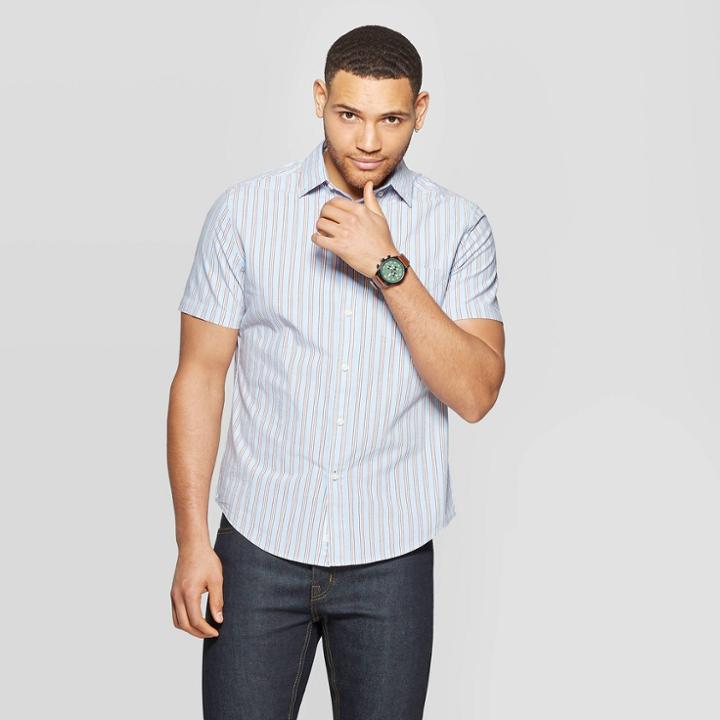 Men's Striped Standard Fit Short Sleeve Poplin Button-down Shirt - Goodfellow & Co Airy Blue