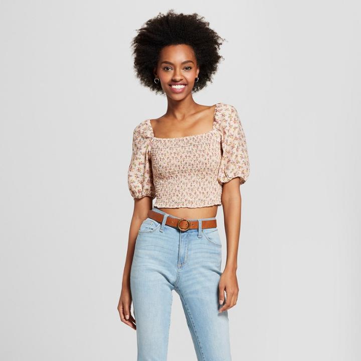 Women's Floral Print Square Neck Short Sleeve Smocked Cropped Top - Xhilaration Nude