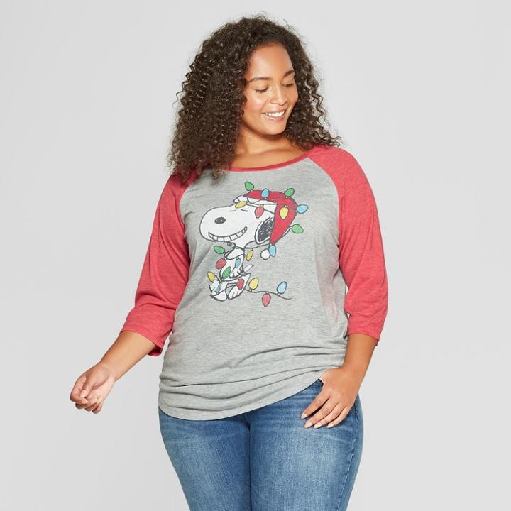 Women's Peanuts Snoopy Plus Size 3/4 Sleeve Christmas Lights Raglan Graphic T-shirt (juniors') Gray/red