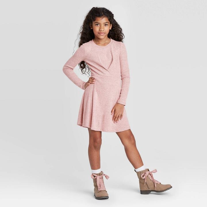 Girls' Long Sleeve Hacci Skater Dress - Art Class Orange