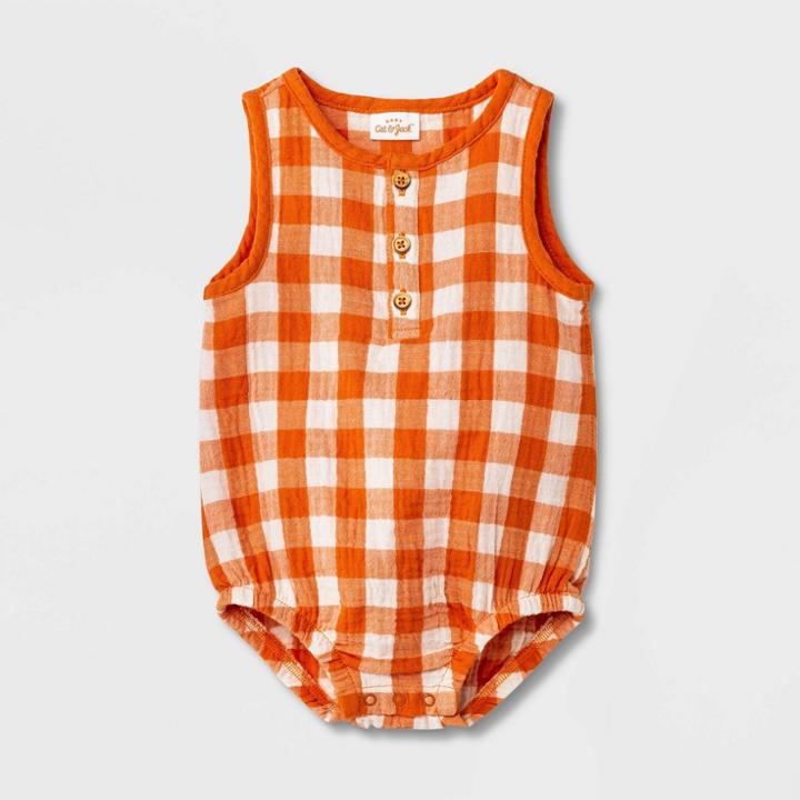 Baby Gingham Gauze Henley Romper - Cat & Jack Orange Newborn