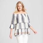 Women's Striped Long Sleeve Embroidered Linen Off The Shoulder Top - Knox Rose Ivory