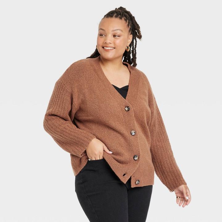 Women's Plus Size Button-down Cardigan - Ava & Viv Brown