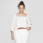 Women's Plus Size Striped Long Sleeve Square Neck Top - Universal Thread Cream