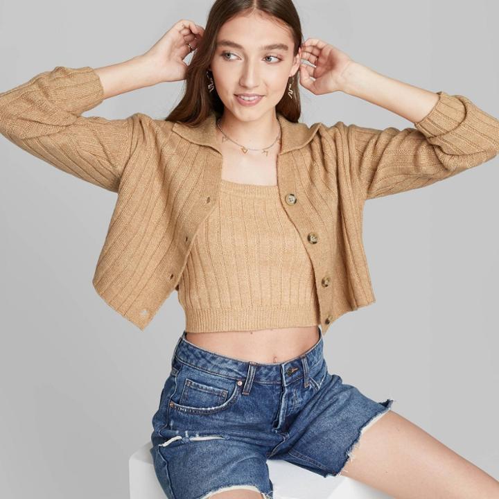 Women's Button-front Ribbed Cropped Cardigan - Wild Fable Taupe