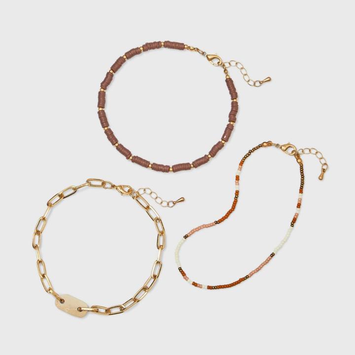 Semi-precious Opal Beaded Anklet Set 3pc - Universal Thread Cream/brown