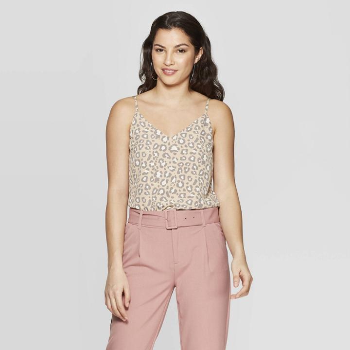 Women's Leopard Print Sleeveless V-neck Tank Top - A New Day Tan