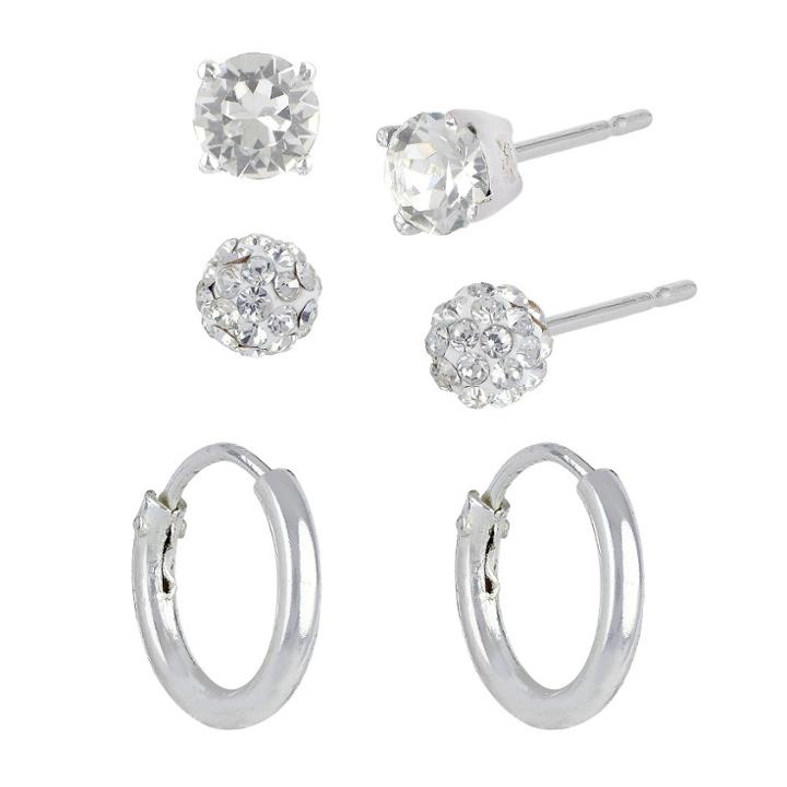 Distributed By Target Women's Sterling Silver Set Of 3 Fireball Stud Earrings And Endless Hoop Earrings - Silver/clear,