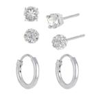Distributed By Target Women's Sterling Silver Set Of 3 Fireball Stud Earrings And Endless Hoop Earrings - Silver/clear,