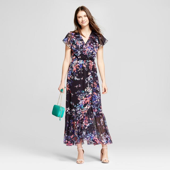 Women's Floral Print Ruffle Mesh Maxi Dress - Spenser Jeremy - Black