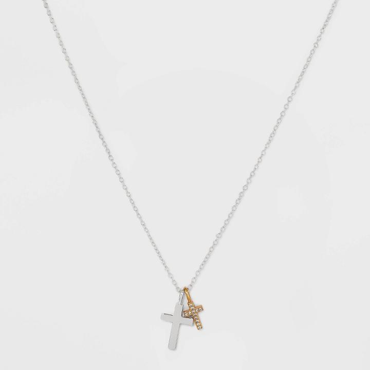 No Brand Silver Plated 'faith' Double Cross Cubic Zirconia Two-tone Metal Pendant Necklace -