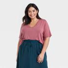 Women's Plus Size Short Sleeve V-neck Drapey T-shirt - A New Day Dark Pink