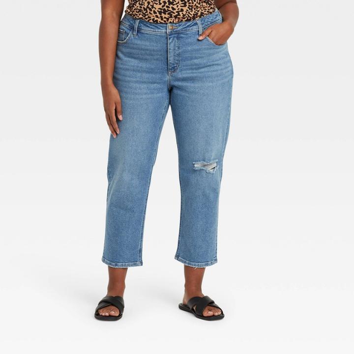 Women's Plus Size Mid-rise Knee Distressed Slim Straight Jeans - Ava & Viv Medium Wash 14w,