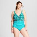 Plus Size Social Angel Women's Plus Palm One Piece - Green/white