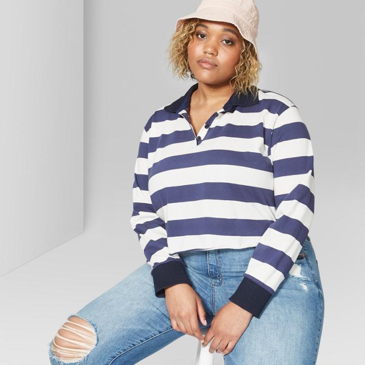 Women's Plus Size Rugby Striped Long Sleeve Boxy Polo Shirt - Wild Fable Blue