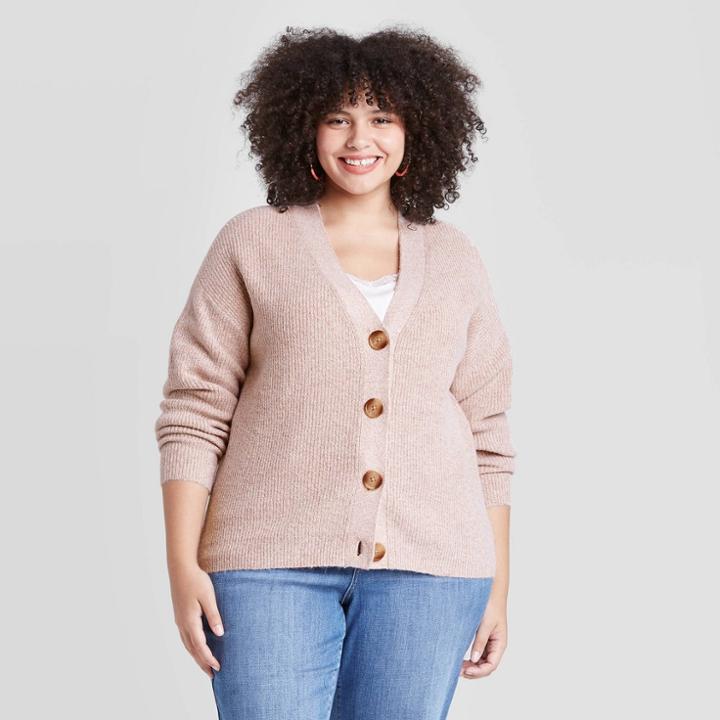 Women's Plus Size Open Neck Basic Cardigan - Ava & Viv Beige X