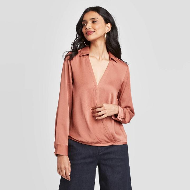 Women's Long Sleeve V-neck Satin Top - A New Day Blush