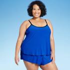 Women's Plus Size Contrast Trim Scoop Neck Swim Romper - Aqua Green Azurite