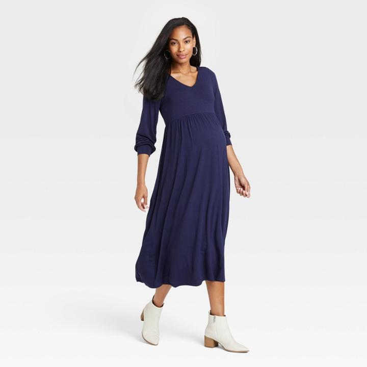 The Nines By Hatch Long Sleeve Jersey Maternity Dress Navy