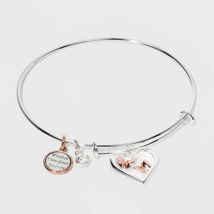 No Brand Mother Daughter Forever Heart And Butterflies Expandable Bangle Bracelet - Silver, Women's, Pink