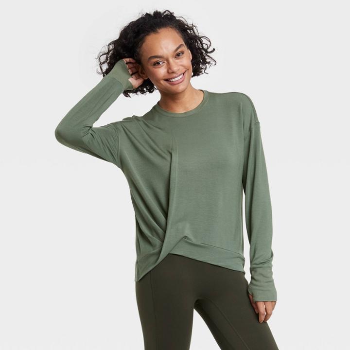 Women's Super Soft Twist-front Crewneck Pullover Sweatshirt - All In Motion Fern Green