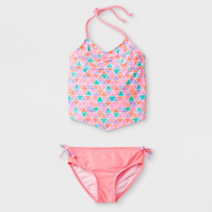 Malibu Dream Girl Girls' Textured Pyramid Tankini Set - Peach 10,