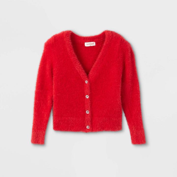Toddler Girls' V-neck Fuzzy Sparkle Cardigan - Cat & Jack Red