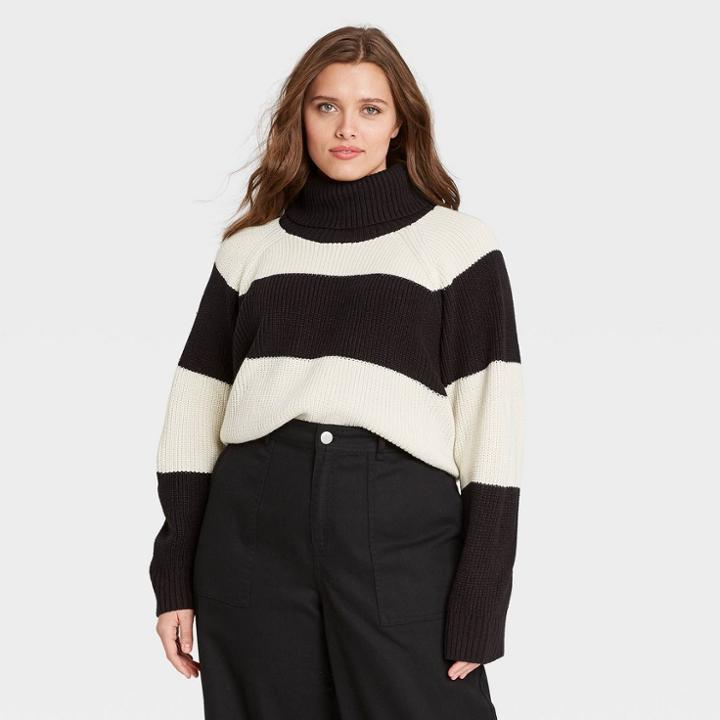 Women's Plus Size Striped Turtleneck Pullover Sweater - Who What Wear Cream