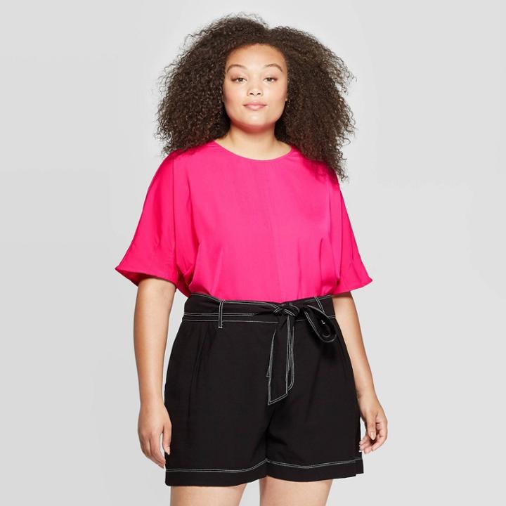 Women's Plus Size 3/4 Sleeve Crewneck Pin Tuck Boxy T-shirt - Who What Wear Pink