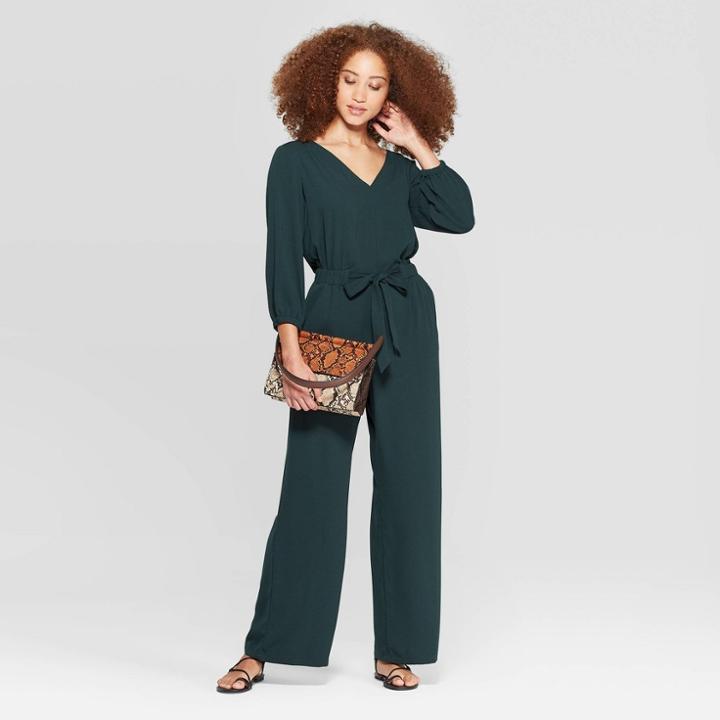 Women's Long Sleeve V-neck Jumpsuit - A New Day Green