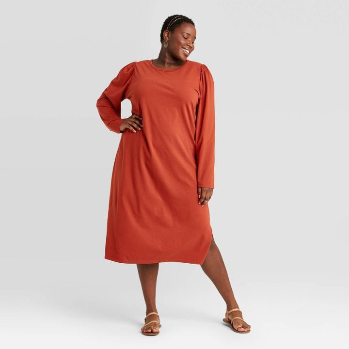 Women's Plus Size Puff Long Sleeve T-shirt Dress - Universal Thread Rust