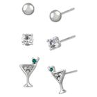 Distributed By Target Women's Studs Earrings Sterling Silver Three Pairs Ball Stud & Martini Glass - Silver/clear/green
