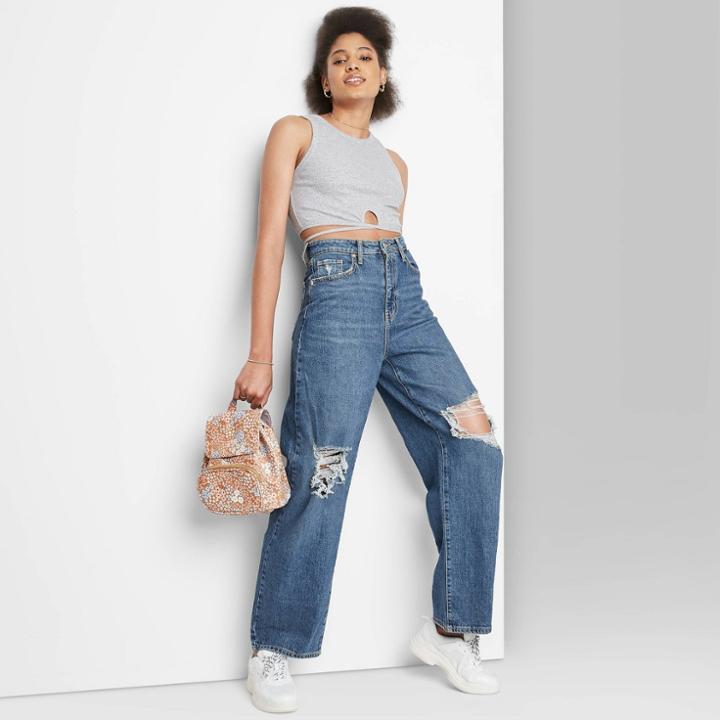 Women's Plus Size Super-high Rise Distressed Baggy Jeans - Wild Fable Medium Blue