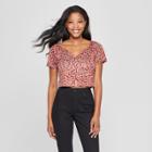 Women's Floral Print Short Sleeve Button Front Square Neck Cropped Knit Top - Xhilaration Red