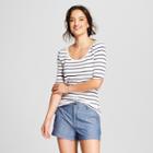 Women's Striped Fitted Elbow 3/4 Sleeve T-shirt - A New Day White/navy